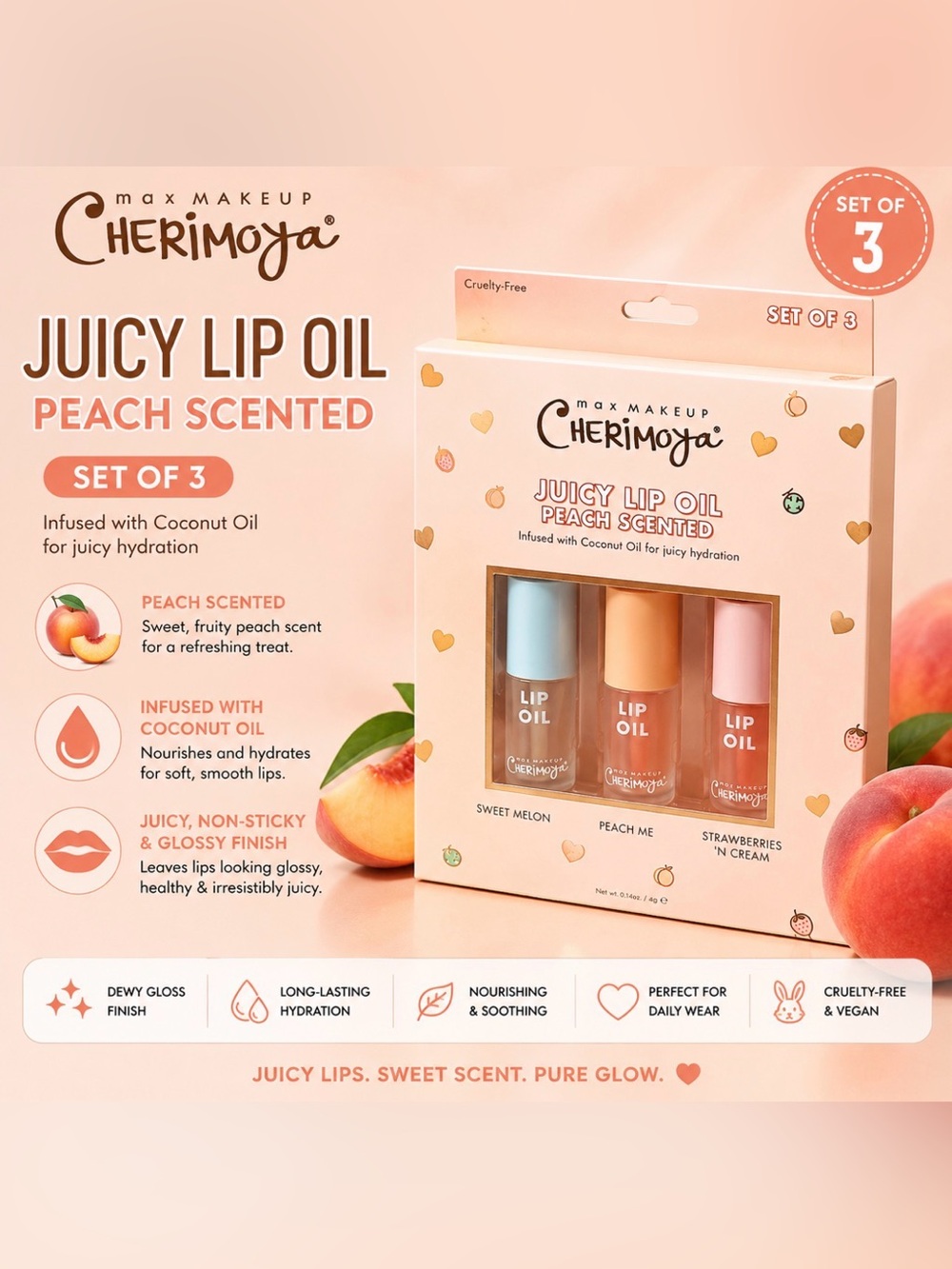 Max Makeup Cherimoya Juicy Lip Oil Trio — Peach Scented